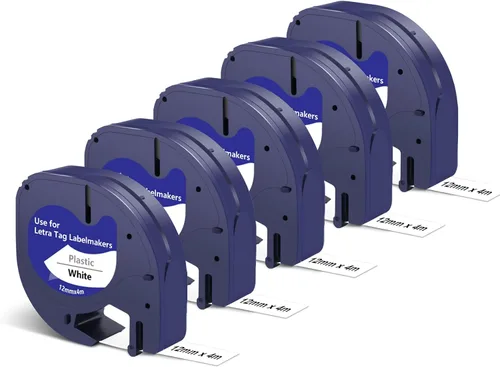 Cinta para etiquetar compatible con recambios Dymo Letratag de 0.472 in, 0.47 pulgadas, negro sobre blanco, etiqueta de 13 pies con cinta de