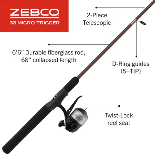 Miniatura 2 de Zebco 33 Micro Trigger Spincast carrete y caña de pescar, 6 pies 6 pulgadas, 2 piezas telescópica de 2 piezas, carrete tamaño 10, aparejos
