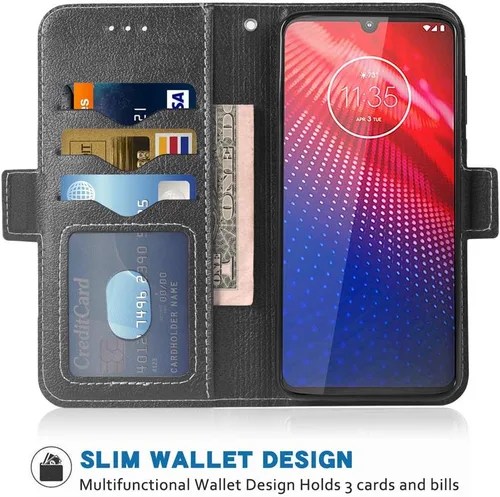 Funda para teléfono Moto Z4 Folio Flip Funda tipo cartera, de piel sintética, ranuras para tarjetas de crédito, protección de cuerpo completo, Negro