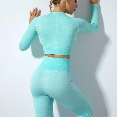 Miniatura 4 de JYDBRT - Conjunto de ropa de yoga con puntos de color, sin costuras, cintura alta, pantalones de yoga para el vientre, traje deportivo de manga