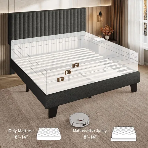 Miniatura 9 de Einhomn Base de cama tamaño Queen con cabecero, base de cama tapizada de lino con listones de madera maciza, sin ruido, no necesita somier, fácil