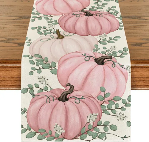 Miniatura 9 de Artoid Mode Camino de mesa de otoño con hojas de eucalipto y calabazas naranjas, decoración de mesa de comedor de cocina de Acción de Gracias