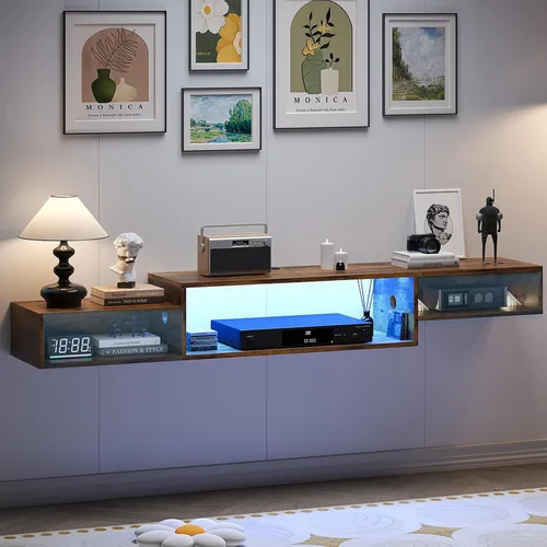 Miniatura 9 de 4 EVER WINNER Soporte flotante para TV con toma de corriente, estante flotante de TV de 59 pulgadas con luces LED y almacenamiento, centro