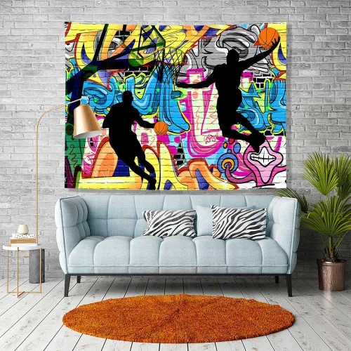 Ine Ive Tapiz deportivo de baloncesto con graffiti nostálgico, póster de pared de arte callejero de 40 x 30 pulgadas para niños, silueta de tiro de