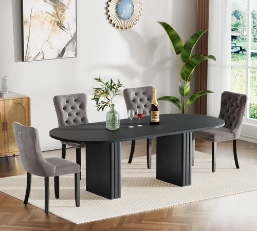 Miniatura 15 de Juego de 4 mesas de comedor extensibles, mesa de comedor ovalada negra y 4 sillas de comedor de terciopelo negro con patas de madera, juego de mesa