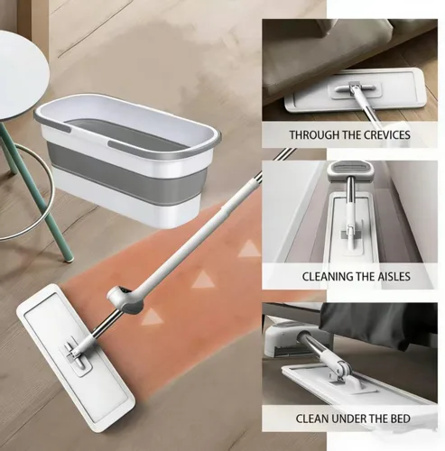 Miniatura 6 de Juego de trapeador plano y cubo, trapeador de microfibra plegable manos libres, uso húmedo y seco para pisos de azulejos, laminados y madera. Ideal