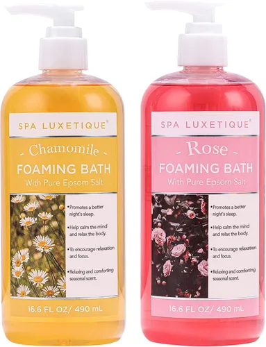 Miniatura 9 de Spa Luxetique Baño de burbujas, baño espumoso con sal de Epsom, juego de baño con aroma a rosa de manzanilla y lavanda, paquete de 3 regalos de 49.8