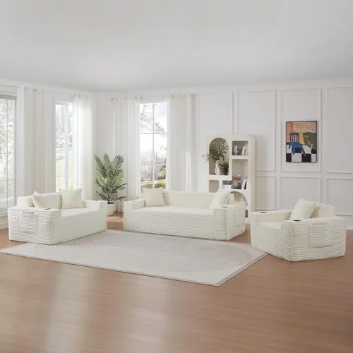 Miniatura 29 de Sofá sin hueso de 66.5 pulgadas con portavasos y bolsillos laterales, sofá biplaza tapizado de tela de pana moderna con 2 almohadas para sala