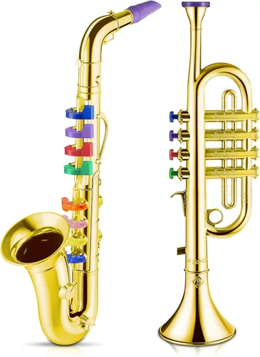 Lewtemi Juego de 2 instrumentos musicales que incluyen trompeta de juguete y saxofón, trompeta de plástico, juguete educativo de Navidad, regalo de