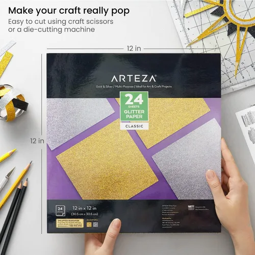 Miniatura 3 de Arteza Papel con purpurina, 24 hojas, 12 x 12 pulgadas, papel de álbum de recortes dorado y plateado, suministros de arte y manualidades