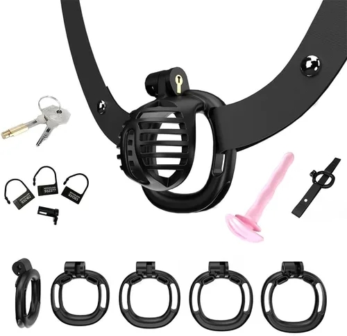 Miniatura 9 de Heuceo Jaula de castidad pequeña y ligera con 4 anillos y cinturón de castidad y dilatador uretral de silicona para hombre, mini jaula de pene liso