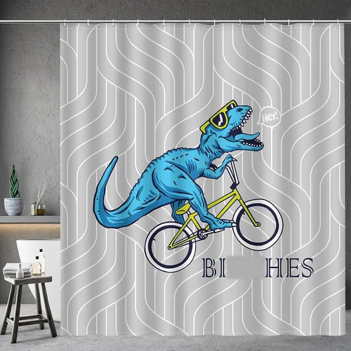 Miniatura 20 de Aimego Cortina de ducha divertida de gato valiente sosteniendo flecha de tridente montando tiburón en ola del océano, juego de cortina de ducha