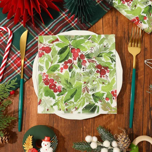 Miniatura 5 de Servilleta de papel de Navidad de 6.5 x 6.5 pulgadas, para acuarela, muérdago, cena, servilleta desechable para Navidad, suministros de decoración