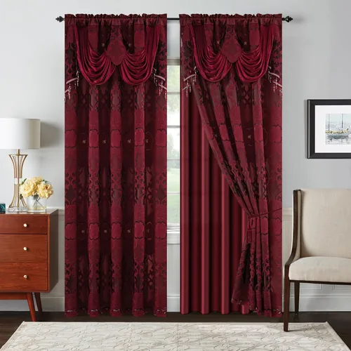 Miniatura 8 de Petrichor Cortinas de gasa jacquard transparente borgoña (54 pulgadas de ancho x 63 pulgadas de largo), 2 paneles con cenefa adjunta, diseño floral