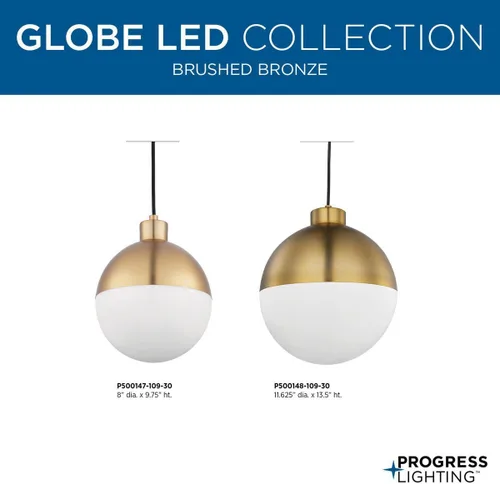 Miniatura 9 de Globe LED Collection - Lámpara colgante moderna de cristal ópalo de mediados de siglo, bronce cepillado
