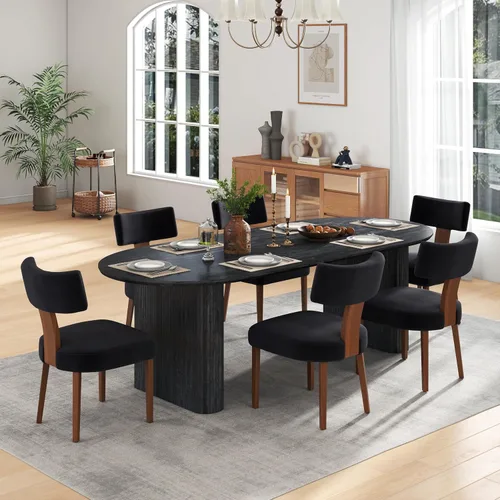 Miniatura 18 de Juego de mesa de comedor ovalada extensible de 59 a 90 pulgadas con 4 sillas de comedor con respaldo en T para 4 personas, moderna mesa de comedor