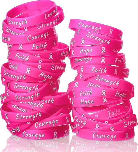 Sratte 60 pulseras de cinta rosa para concientización sobre el cáncer de mama, pulseras de goma para mujeres, fiestas, eventos públicos,