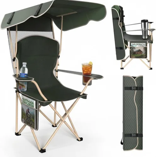 Sillas de camping plegables portátiles con toldo y toldo para adultos, tela Oxford 600D duradera resistente a la intemperie, silla de camping con