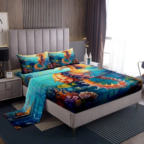 Miniatura 38 de Erosebridal Juego de sábanas de ballena náutica, tamaño individual, juego de ropa de cama vintage azul con ondas oceánicas para niños y niñas