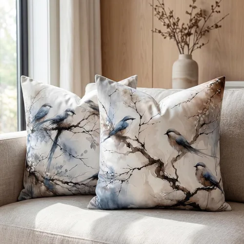 Juego de 2 fundas de almohada decorativas de terciopelo de 18 x 18 pulgadas, estampado de pájaros y ramas en acuarela, felpa suave con acento neutro
