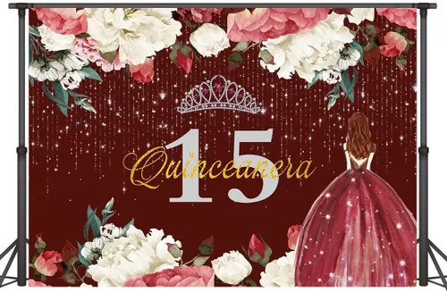 Miniatura 5 de Telón de fondo de feliz cumpleaños 15 para niña, quinceañera, 5 x 3 pies, corona de flores rojas burdeos, corona, princesa, decoración de fiesta