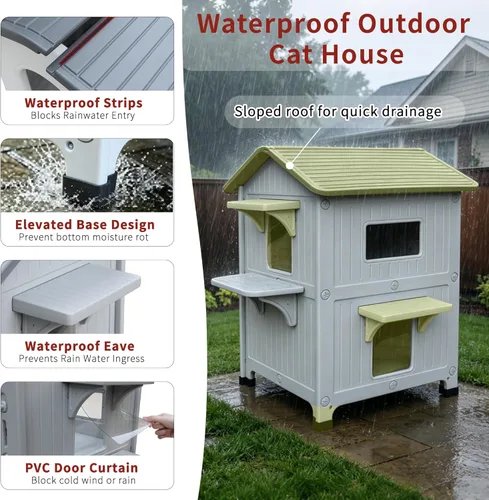 Miniatura 4 de Rockever Casa de gatos al aire libre de plástico con forro aislado, 100% casas de gatos al aire libre aisladas para invierno, refugio para gatos al