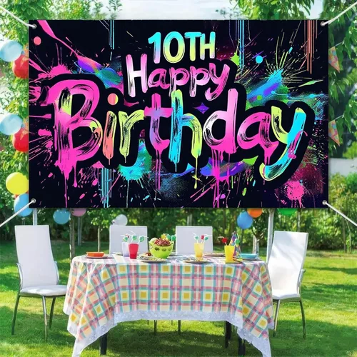Miniatura 6 de HOMETITUTE Pancarta de Neón de Feliz 10mo Cumpleaños 71 x 43 pulgadas, Salpicadura de Pintura que Brilla en la Oscuridad, Telón de Fondo