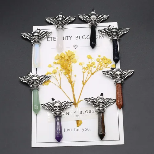 Miniatura 6 de LHJ 7 colgantes de piedra natural hexagonales puntiagudos chakras cristal ágata piedra cráneo ala diablo aleación diseño para hacer joyas collar
