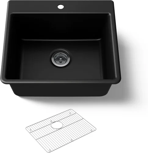 KOHLER 28003-1-CM1 Kennon® - Fregadero de cocina de 25 pulgadas de montaje superior o inferior, incluye estante para fregadero, color negro mate