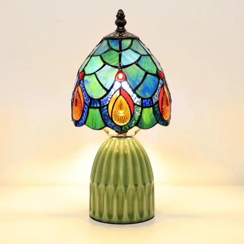 Miniatura 9 de Tiffany Stained Glass Mushroom Table Lamp 12.5 Inch -Blue Peacock Tiffany Lamp,6X6X12.5 Inch,Small Night Light,Ceramic Base, Mini Accent Light