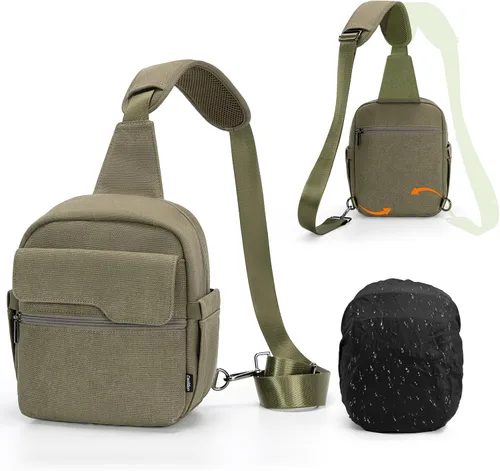 Miniatura 10 de Cwatcun - Bolsa de cámara tipo bandolera compacta, pequeña, impermeable de lona con funda para la lluvia, bolsa de fotografía para viajes para Negro