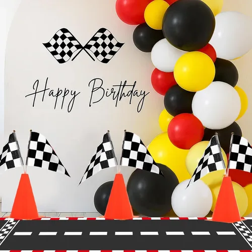 Miniatura 5 de Patimate Decoración de fiesta de cumpleaños de auto de carreras, 70 conos de tráfico con agujero, banderas a cuadros, camino de pista de carreras