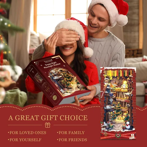 Miniatura 7 de Kit de manualidades para rincón de lectura DIY - Kit de casa en miniatura estilo navideño para estanterías, rompecabezas de madera 3D con cubierta