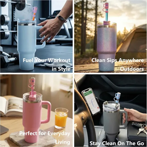 Miniatura 6 de 12 paquetes de pajitas brillantes de repuesto y fundas para taza de viaje Stanley Adventure de 40 oz, pajitas brillantes reutilizables con cepillo