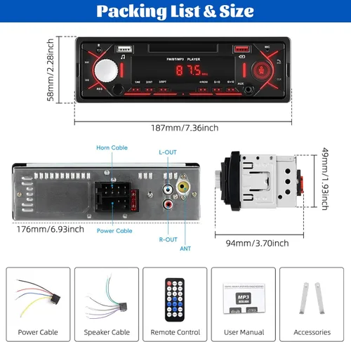 Miniatura 6 de Radio estéreo multimedia Bluetooth de un solo DIN, reproductor de MP3 de audio para automóvil, compatible con llamadas manos libres/USB/FM/TF/AUX