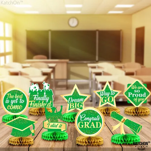 Miniatura 2 de Decoraciones de graduación 2026, centros de mesa de graduación verdes y dorados para mesas 2026 – Paquete de 9 Decoraciones de nido de abeja