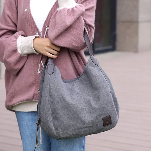 Miniatura 7 de DOURR Bolso de hombro con múltiples bolsillos para mujer bolso de lona de algodón a la moda