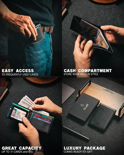Miniatura 2 de Zitahli Billetera para hombre, de piel fina, con bloqueo RFID, minimalista, plegable, tarjetero con caja de regalo