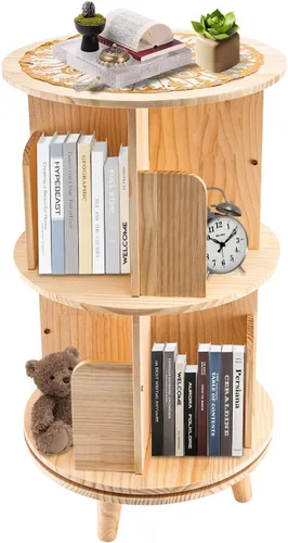 Miniatura 8 de DouSeiAi Estantería giratoria, estantería giratoria de 360° de 16 pulgadas de alto con patas, torre giratoria de madera de pino para oficina, hogar
