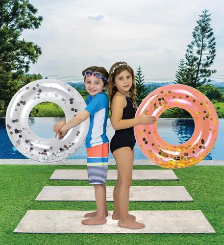 Miniatura 5 de Paquete de 4 flotadores inflables para piscina para niños, anillos flotantes de piscina rellenos de confeti brillante, lindos flotadores de piscina