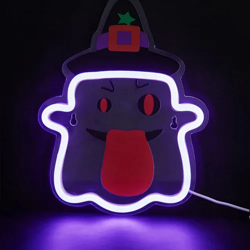 Miniatura 12 de Letrero LED de neón para Halloween, luz de neón alimentada por USB, luz nocturna de Halloween, decoración de arte de pared 3D, lámpara de neón