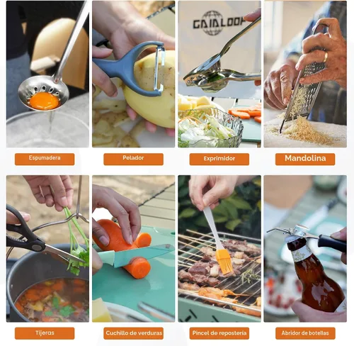 Miniatura 6 de Gaialoop Juego Portátil de Utensilios de Cocina para Acampar, Equipo de Cocina de Campamento y de Fogata, Esenciales para RV, Accesorios Imperdibles