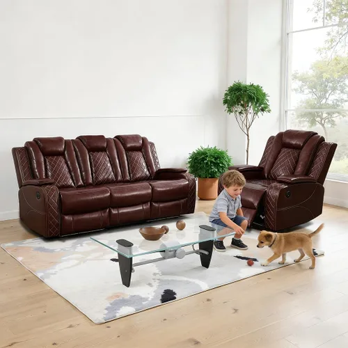 Miniatura 18 de Pon Living - Lujoso juego de sofá reclinable de cuero con LED, juego de sofá reclinable eléctrico, juegos de muebles de sala con portavasos/puerto