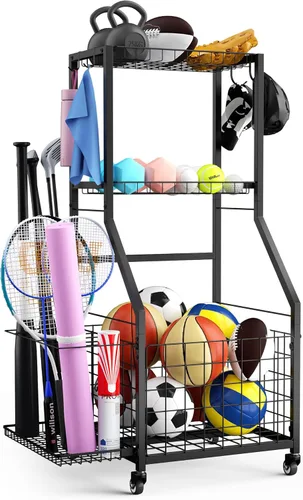Organizador de garaje para equipos deportivos, estante de almacenamiento de pelotas de garaje para deportes con ruedas, organizador deportivo