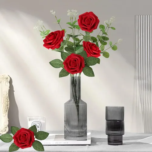 Miniatura 4 de AmyHomie Flores artificiales rosas rojas, 25 rosas falsas de aspecto real con tallo para ramos de boda, centros de mesa, arreglos de fiesta, baby