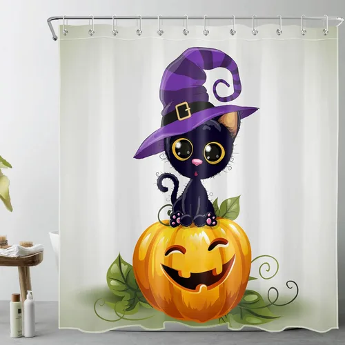 Miniatura 13 de LB Cortina de ducha de Halloween, cementerio de terror, fantasma, gatos negros en árbol, calabaza, cortinas de ducha para baño con ganchos, 60 x 72