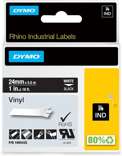 DYMO Rhino 1805432 - Cinta adhesiva para etiquetas de vinilo, 1 pulgada, casete de 18 pies, color negro