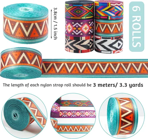 Miniatura 2 de 6 rollos de correas de nailon bohemio de 1.5 pulgadas, correas para bolso, correas para mochilas, correas de nailon con patrones para cinturón