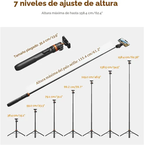Miniatura 2 de K&F CONCEPT Palo de Selfie Trípode para Teléfono de 62 pulgadas, 2 en 1, ligero y extensible, soporte de trípode para teléfono celular con control