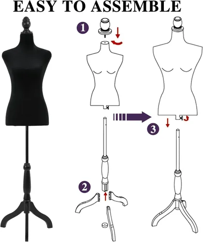 Miniatura 6 de Base de trípode de madera, maniquí femenino, forma de torso de 50 a 63 pulgadas para mujeres de exhibición, altura ajustable para coser, cuerpo